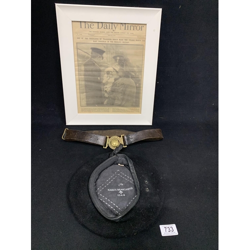 733 - Framed Titanic News Front Page, Boys Brigade Belt & 1944 Wartime Beret, reputed to have been worn by... 