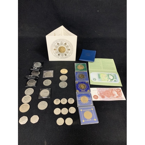 735 - GB Crowns, 8 millennium 10 pence  pieces, Medallions, Mint £1 note  and 10 shilling note etc