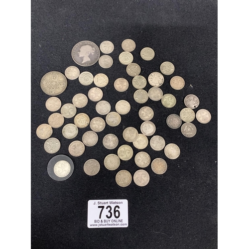 736 - Small collection of GB Silver 3d's, florin and 4 shilling piece