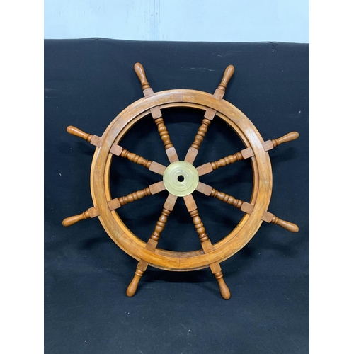 747 - Large hardwood and brass Ships Wheel, diameter 90 cms