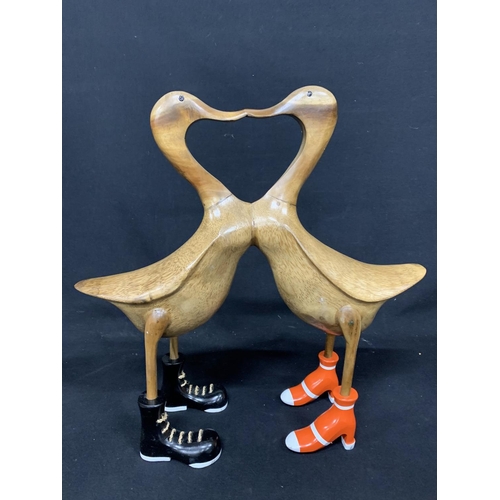 755 - Wooden kissing ducks Figure, height 50 cms