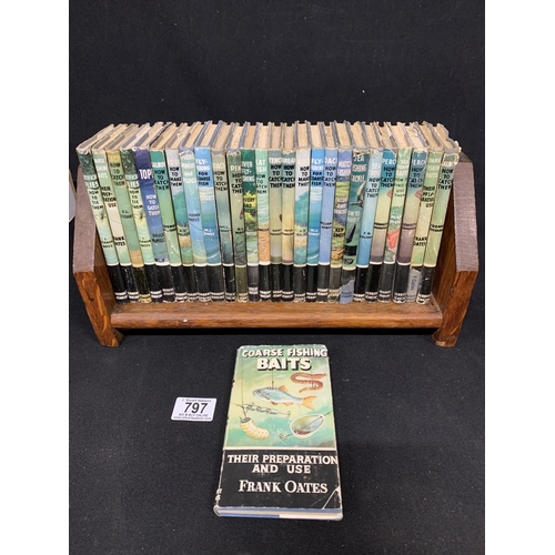 797 - Set of Herbert Jenkins fishing books in oak rack - 27 volumes