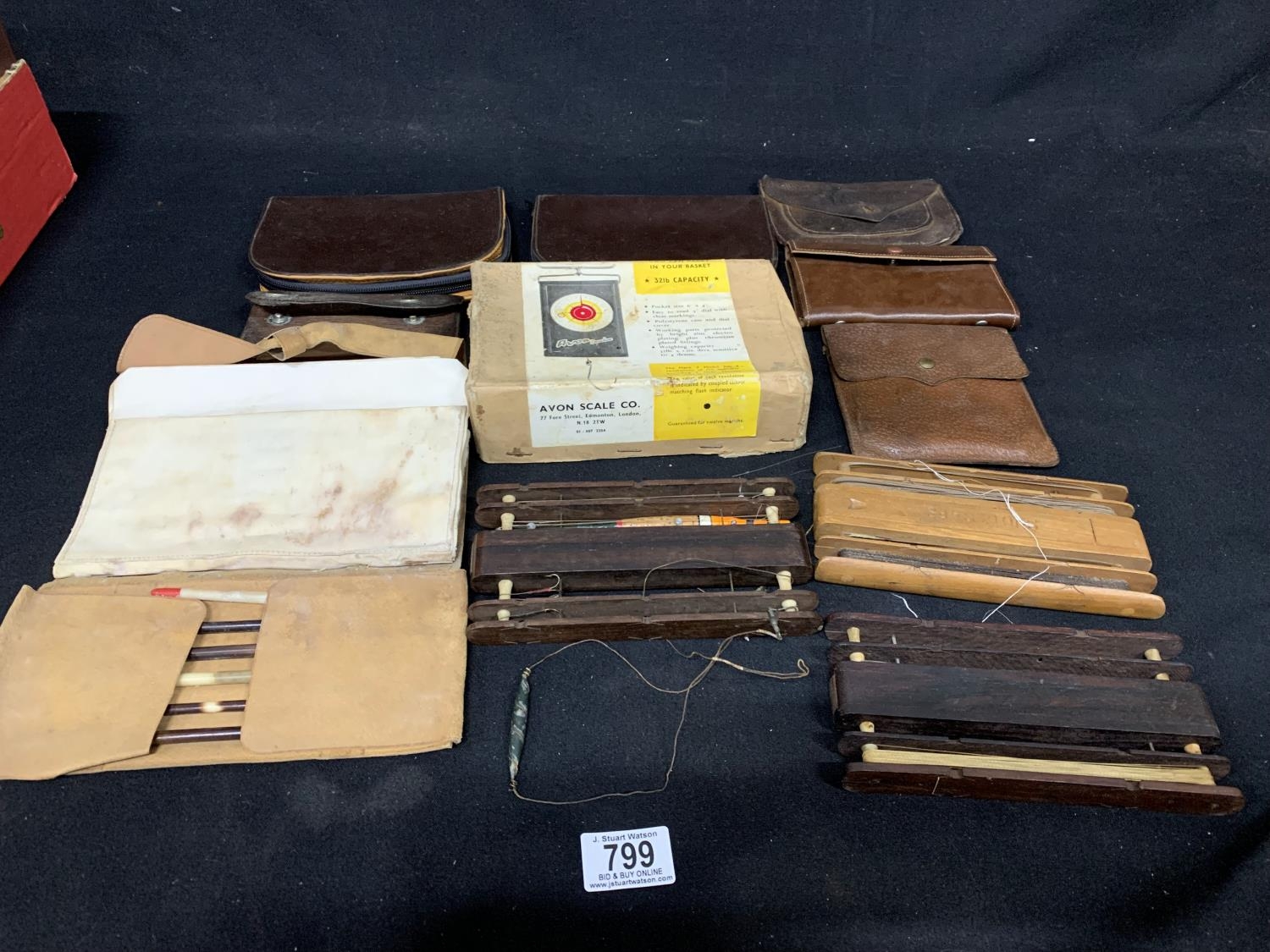 Vintage fishing wallets, winders and scale