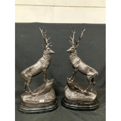 800 - An impressive pair of bronze Stags on black marble bases,  height 75 cms