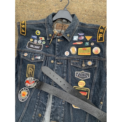 942 - Nico Denim waistcoat including BSA and biking badges, belt, camouflage jacket and Deerhunter jacket ... 