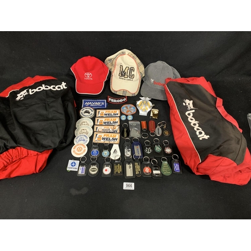 966 - Motor related Key rings, badges, caps, Bobcat overall and warehouse coat