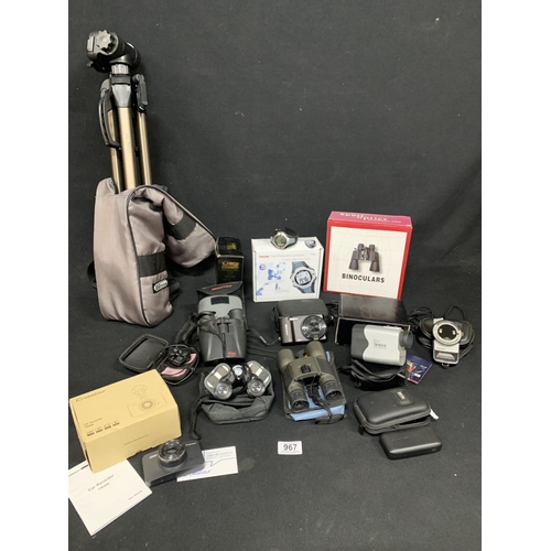 967 - Assorted binoculars, tripod and cameras etc (2)