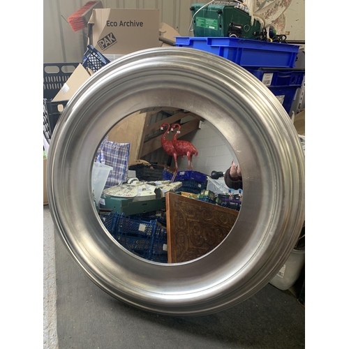 975 - Large silver framed circular mirror, diameter 98 cms