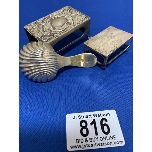 816 - Two Hallmarked Silver Matchbox Holders and Georgian Silver Caddy Spoon, Total weight 1.39 ozt