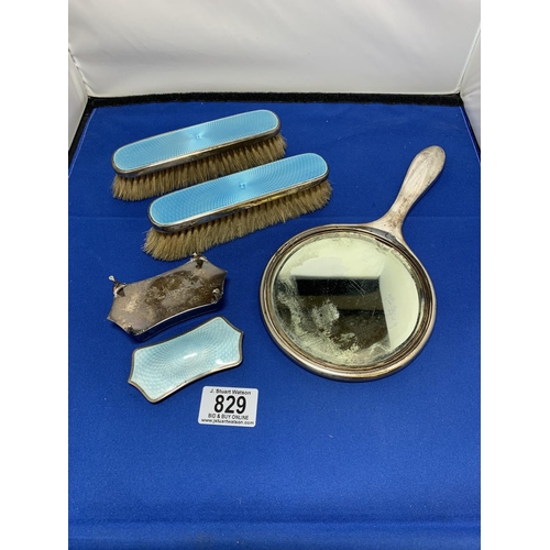 829 - Hallmarked Silver and Blue Enamel 4 piece Dressing Table Set, (Trinket Box a/f, mirror glass a/f)