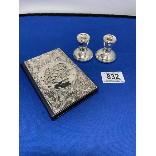 832 - Hallmarked Silver Fronted Address Book, 12 x 8 cms UNUSED, & small pair of Hallmarked Silver Candles... 