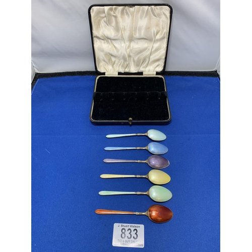 833 - Cased set of 6 Hallmarked Silver & Enamel Spoons, 2.83 ozt