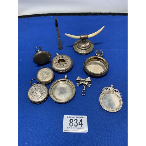 834 - Hallmarked Silver Medallion, 6 Silver Watch Cases, Fob Brooch, Cigarette holder and knife rest, weig... 