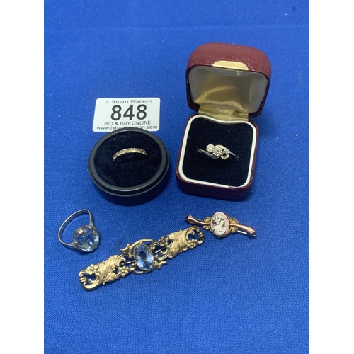 848 - Two 9ct Gold Rings a/f, gross weight 3.6 gms and two Victorian Brooches