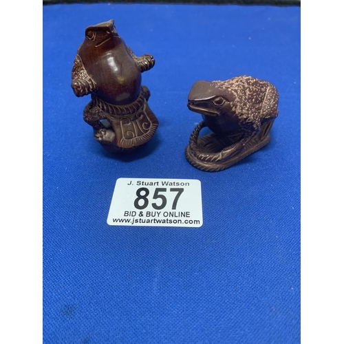 857 - Two Japanese Carved wooden frog Netsuke