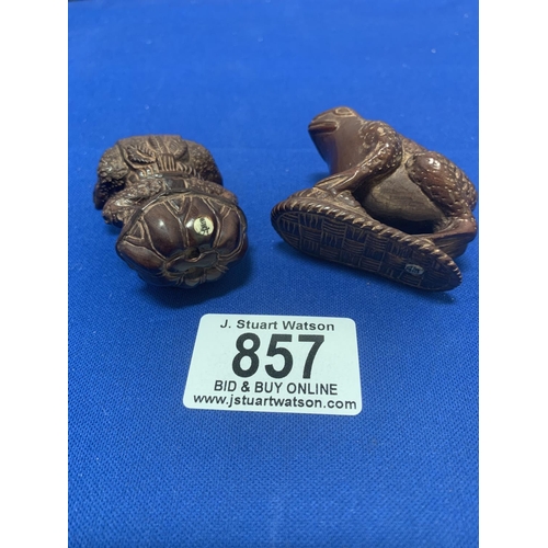 857 - Two Japanese Carved wooden frog Netsuke