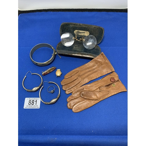 881 - Pair of Pince nez, small leather gloves and jewellery