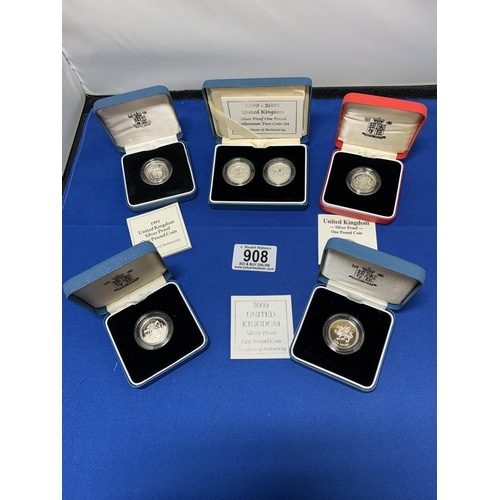 908 - Five Royal Mint Silver Proof £1 Coin Sets (6 Coins)