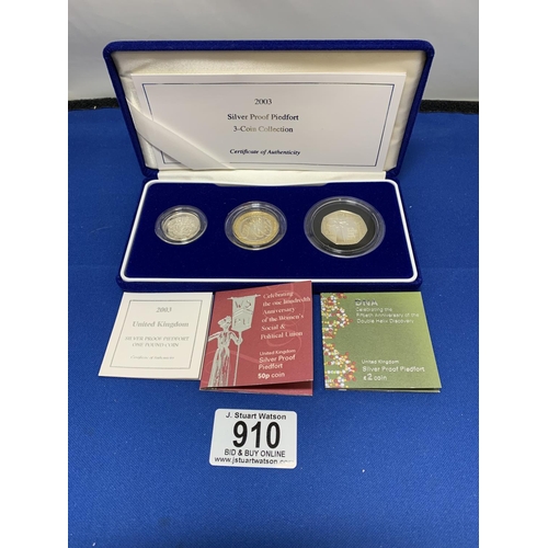 910 - Royal Mint 2003 Silver Proof three Coin Collection