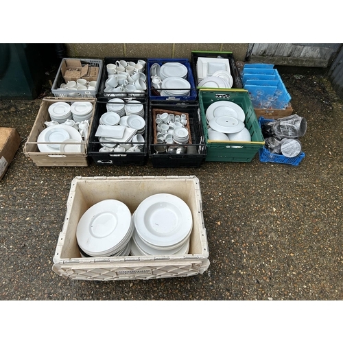 135 - A very large collection of commercial catering white china, tea ware, dinner ware, drinking glassses... 