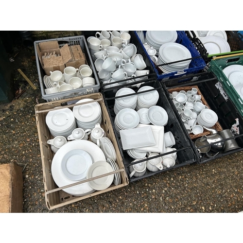 135 - A very large collection of commercial catering white china, tea ware, dinner ware, drinking glassses... 