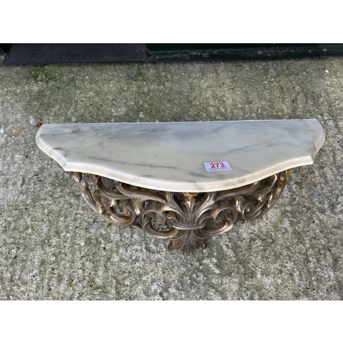 273 - A gold gilt wall mounted console table with marble top together with another gold gilt wall mounted ... 