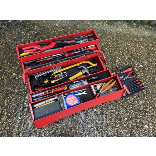 333 - A red task master tool box loaded with assorted tools, saw, wrenches etc