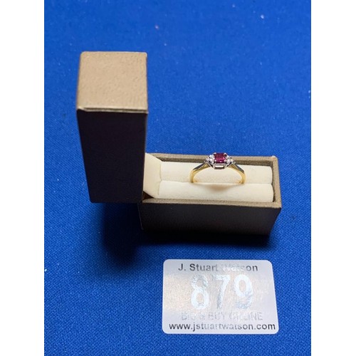 879 - Hallmarked 18ct Gold Ring set with square cut Ruby and three Diamonds either side, size K, 1.9 gms