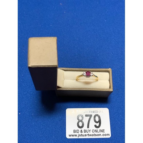 879 - Hallmarked 18ct Gold Ring set with square cut Ruby and three Diamonds either side, size K, 1.9 gms