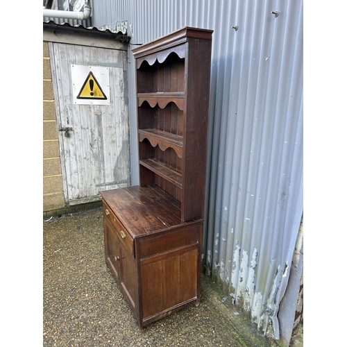 280 - An antique oak dresser with platerack top over single drawer base 90x51x190