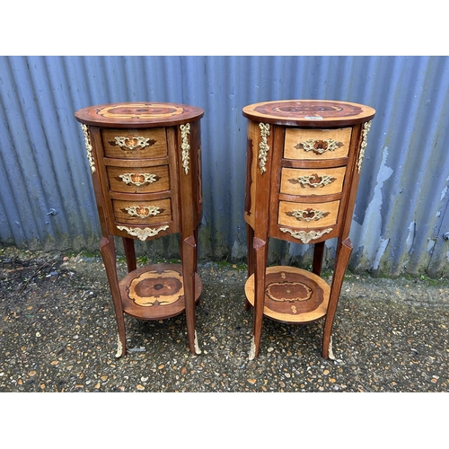 299 - A near pair of Italian style inlaid three drawer bedsides with gold gilt mounts