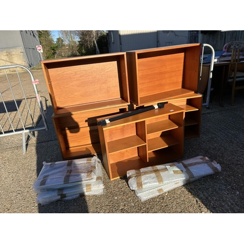12 - A collection of five tapley teak wall units with all glass shelves and doors and wall mounts