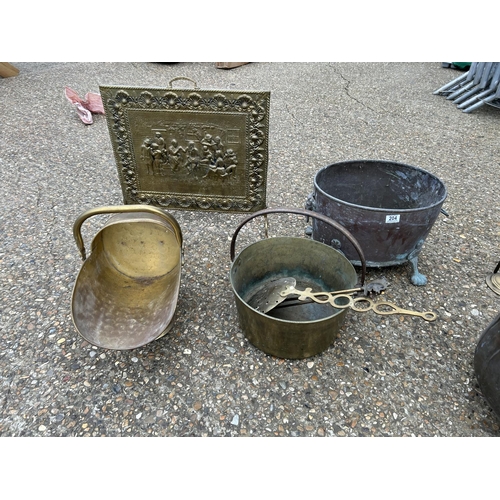 205 - Two copper log bins, brass pan, coal scuttle, screen and two companion sets