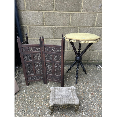 207 - Bobbin leg table, small hardwood folding screen and a brass footstool