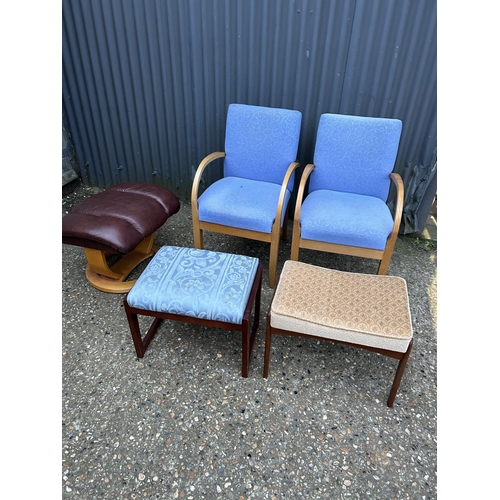 227 - Two mid century blue upholstered chairs together with two retro stools and leather stool