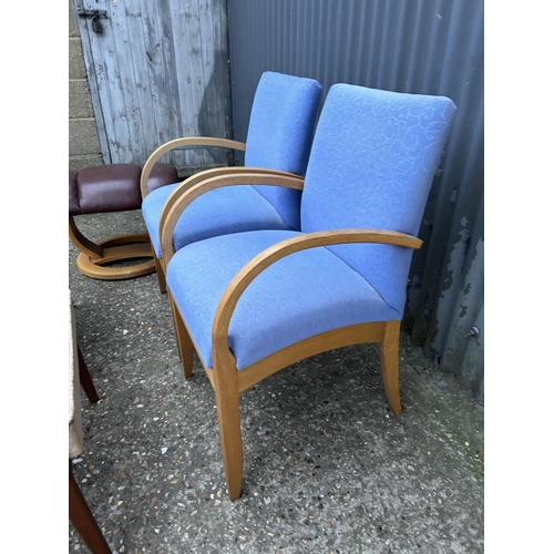 227 - Two mid century blue upholstered chairs together with two retro stools and leather stool