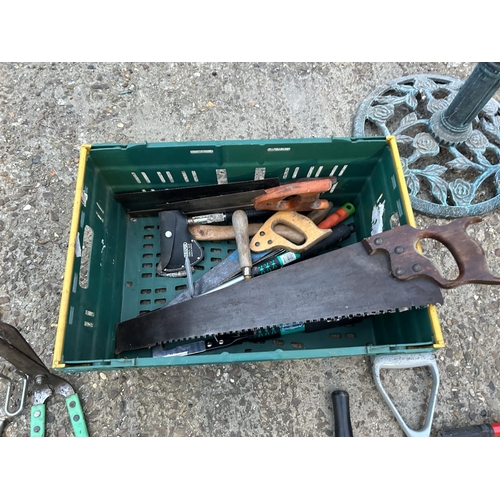 233 - Collection of garden hand tools, fluorescent light, crate of tools, kneeler and umbrella stand