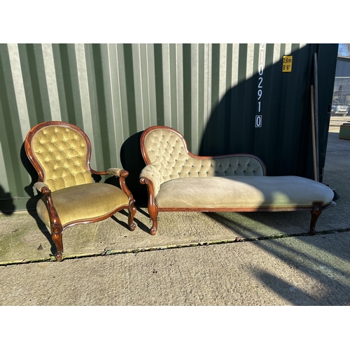 244 - A reproduction Victorian style button back chaise lounge with matching spoon back chair