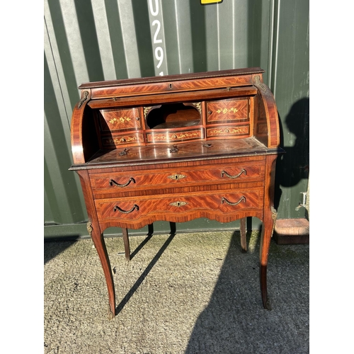 251 - A continental inlaid cylinder top ladies writing table with gilt mounts 76x50x104