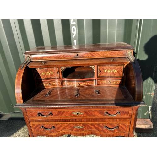 251 - A continental inlaid cylinder top ladies writing table with gilt mounts 76x50x104