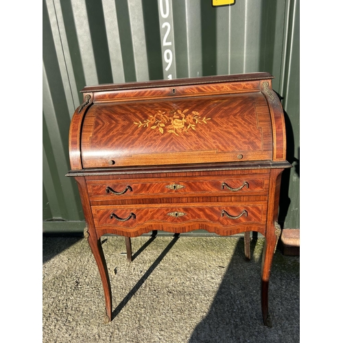 251 - A continental inlaid cylinder top ladies writing table with gilt mounts 76x50x104