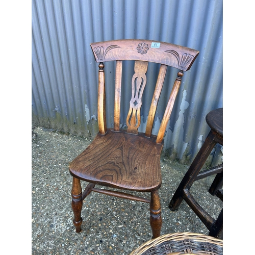 61 - A country kitchen chair together with stool and linen basket
