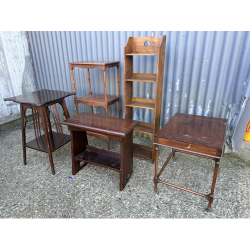 65 - A three tier mahogany occasional table, oak bookcase, mahogany stool and two mahogany occasional tab... 