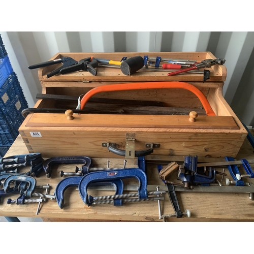 405 - Carpenters box with G and F clamps and tools