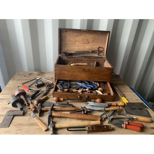 406 - Mahogany tool box with drawer, with contents old and new