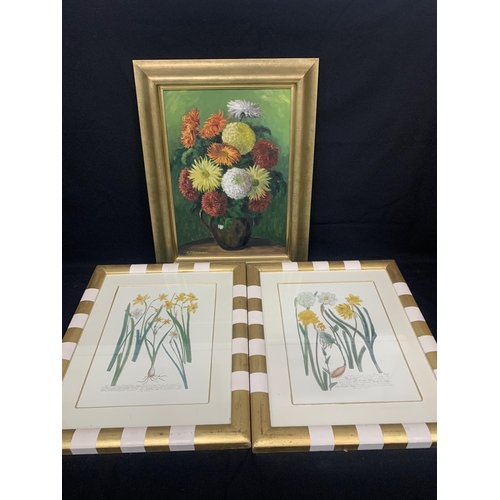 452 - Gilt framed still life oil of vase of flowers 54 x 70cms, signed F J Scarlett and two framed botanic... 