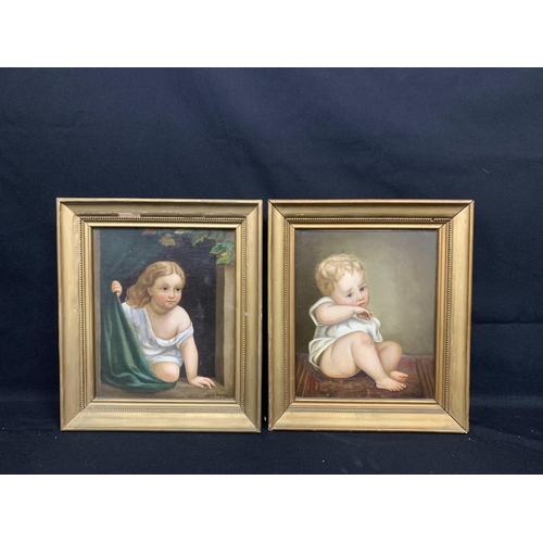 453 - 2 gilt framed child paintings by Signed S Jane Manders, each 34 x 39cms