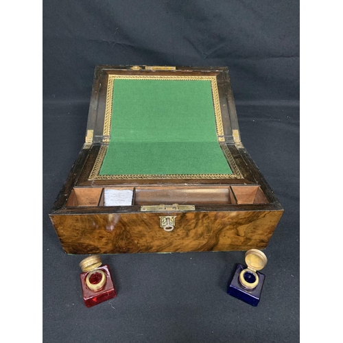 454 - Victorian Walnut writing slope with two inkwells and working lock and key, 35 x 23 x 15cms