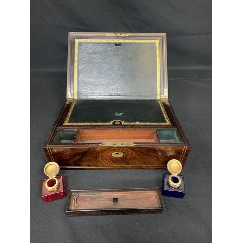 455 - Regency Mahogany brass inlaid writing slope, with two inkwells and removable pen tray, paper label E... 