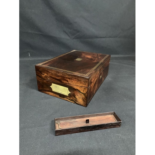 455 - Regency Mahogany brass inlaid writing slope, with two inkwells and removable pen tray, paper label E... 